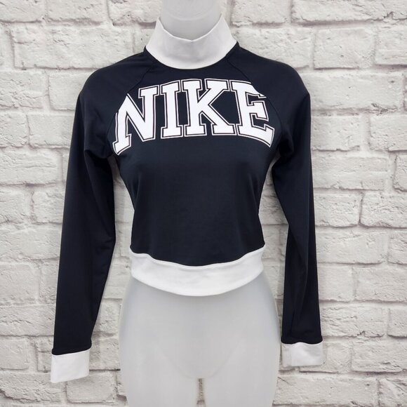 Nike Sportswear Team Long Sleeve High Neck Cropped Top Black White Logo XS - Picture 1 of 14